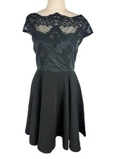 Passion Fusion Black Lace Mesh Skater Dress Size M Cap Sleeve Flare Party Formal