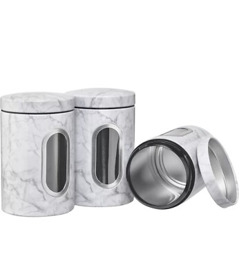 NEW- Set of 3 - Aluminum Food Storage - Large - White & Black Marble Look