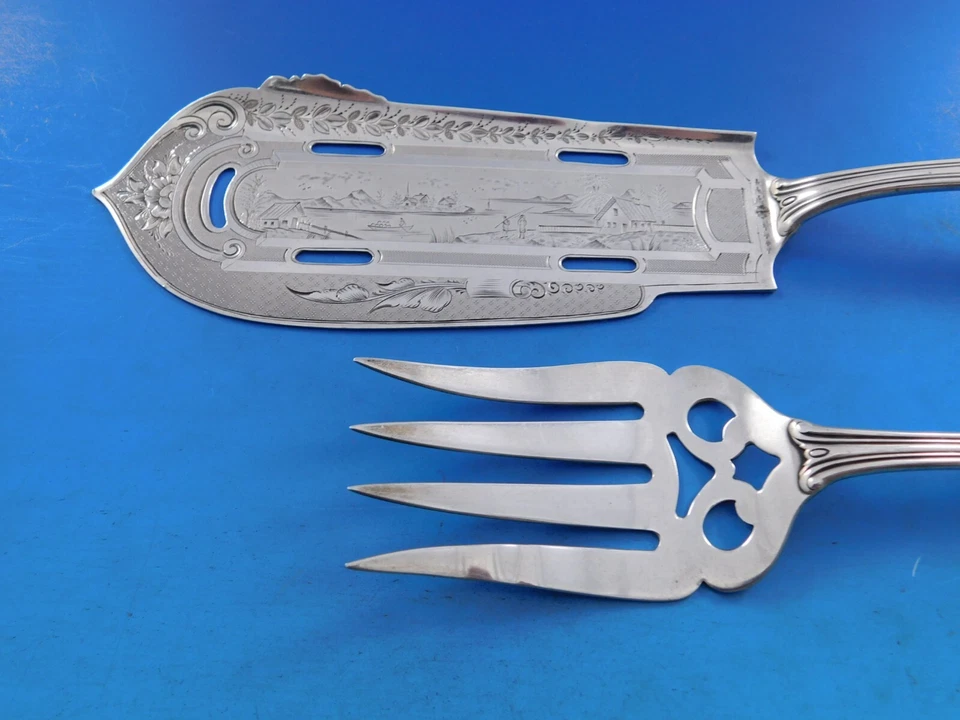 Лист, он же раковина Альберта Коулза, набор серебряных сервировок для рыбы, травленая лодка, мужские, озеро - Изображение 2 из 4