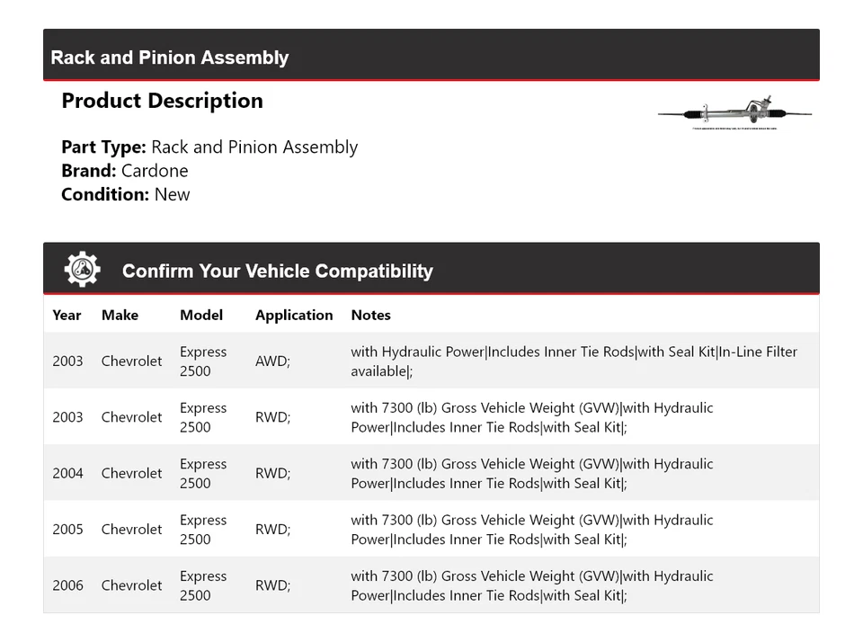 Стойка и шестерня в сборе Cardone 2004 2005 для Chevrolet Express 2500 2003-2006 годов выпуска - Изображение 2 из 4