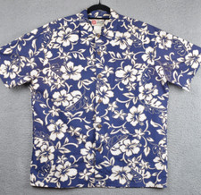 Vintage Hilo Hattie Hawaiian Shirt Mens Large Blue Hibiscus Made USA