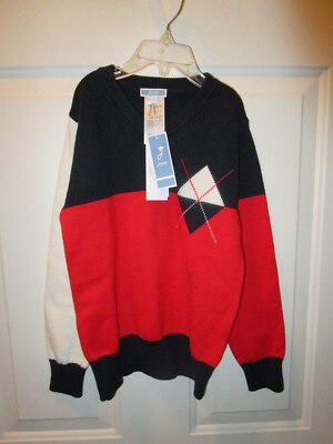 JACADI BOYS RED/ WHITE/ BLUE COLORBLOCK PULLOVER BOETIE SWEATER SIZE 8  NEW