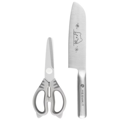 2PCS Kitchen Knife and Scissor Set w/ Cute Cat Etching Non-stick and Sharp blade