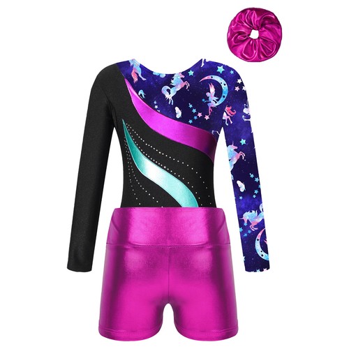Girls Outfits High Waist Dance Set Long Sleeve Dancewear Skating Headwear Kids - Picture 14 of 58