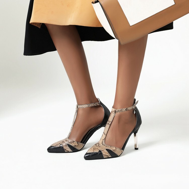 Stiletto Heel T Strap Pointed Toe Heels White Closed Toe