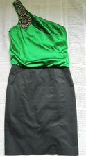 KAREN MILLEN green & Black Embellished Evening One-shoulder Dress. Size 8 (36)