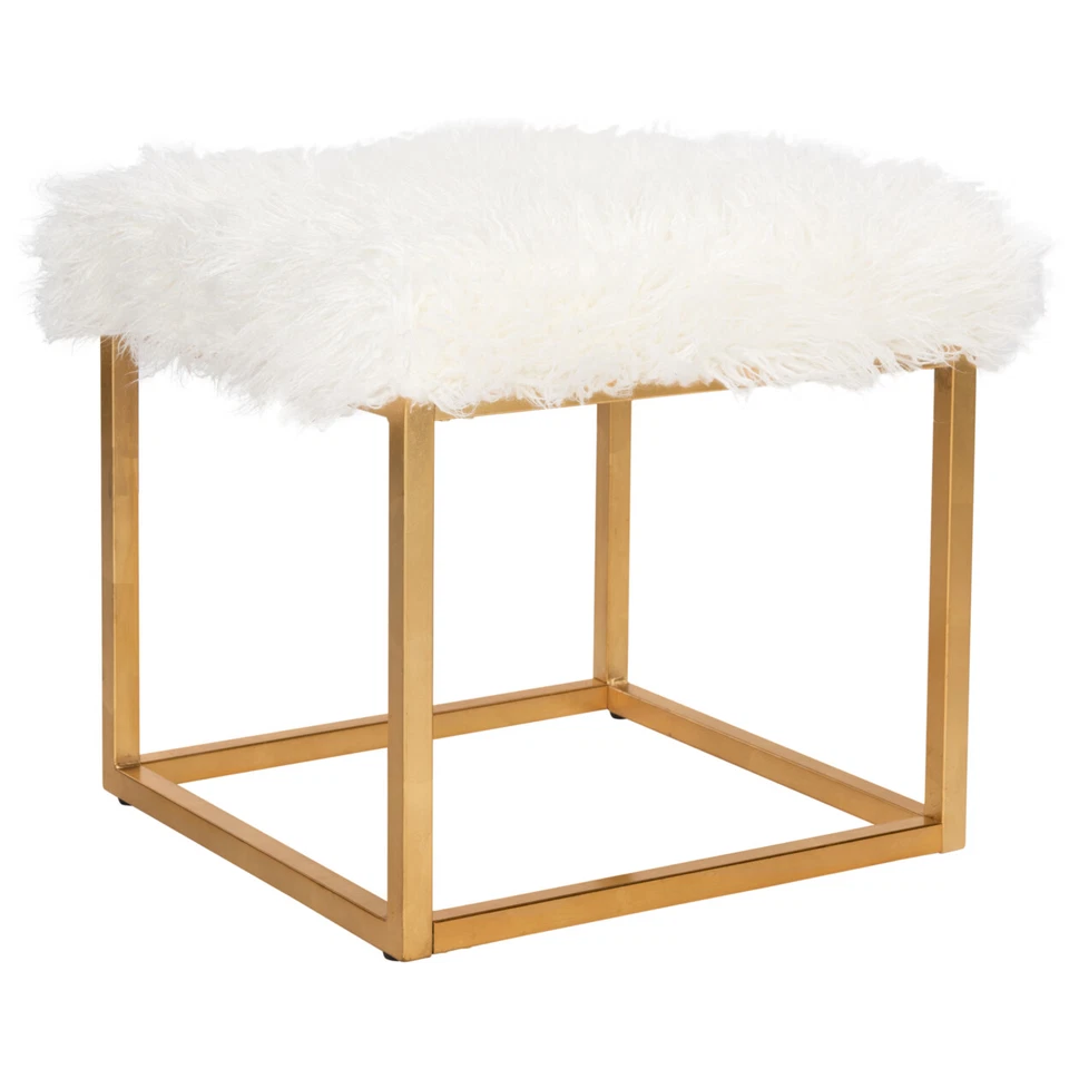 SAFAVIEH Rowan Contemporary Glam Faux Sheepskin Square Ottoman | White | - Image 2 of 4