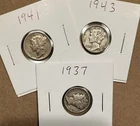 Three Mercury Dimes: 1937, 1941, 1943 - Very Fine, 90% silver - Free Shipping