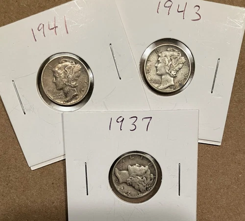 Three Mercury Dimes: 1937, 1941, 1943 - Very Fine, 90% silver - Free Shipping