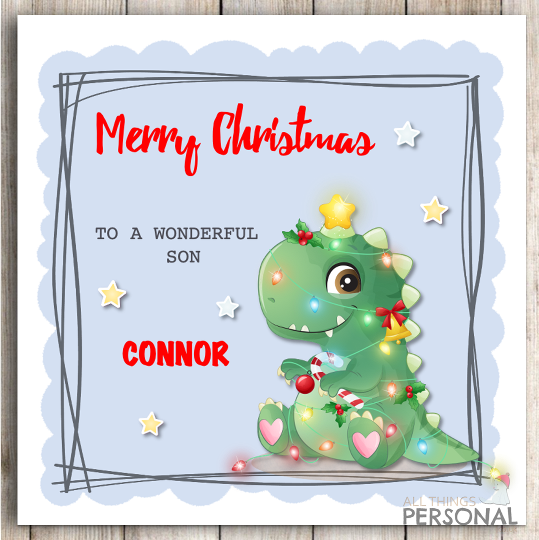 Personalised Boys Dinosaur Christmas Card for Son Grandson Nephew Brother Godson