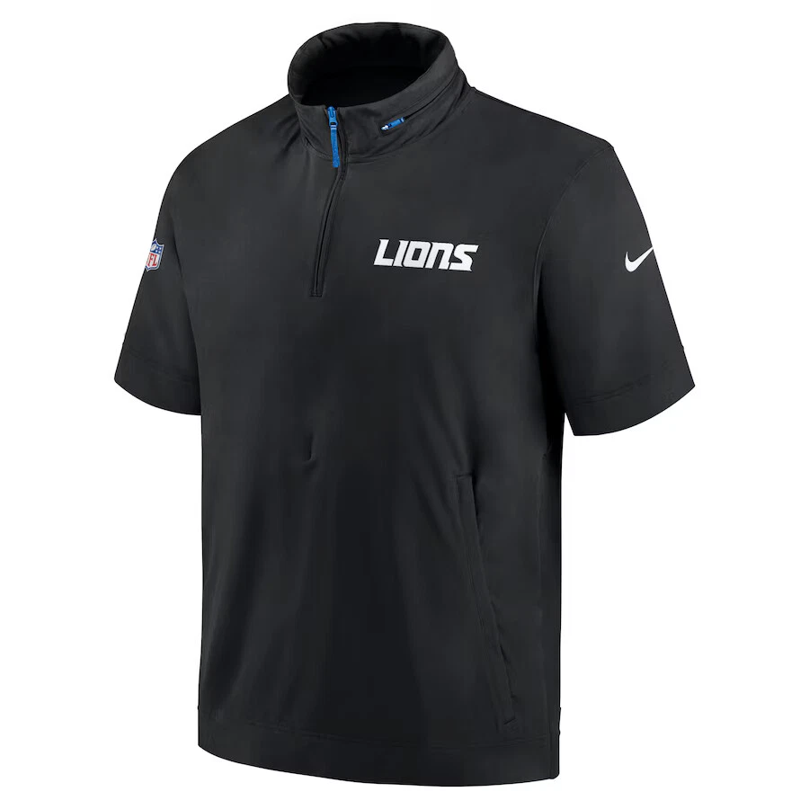 Giacca con cappuccio mezza zip manica corta Detroit Lions Nike Sideline Coach nera NUOVA