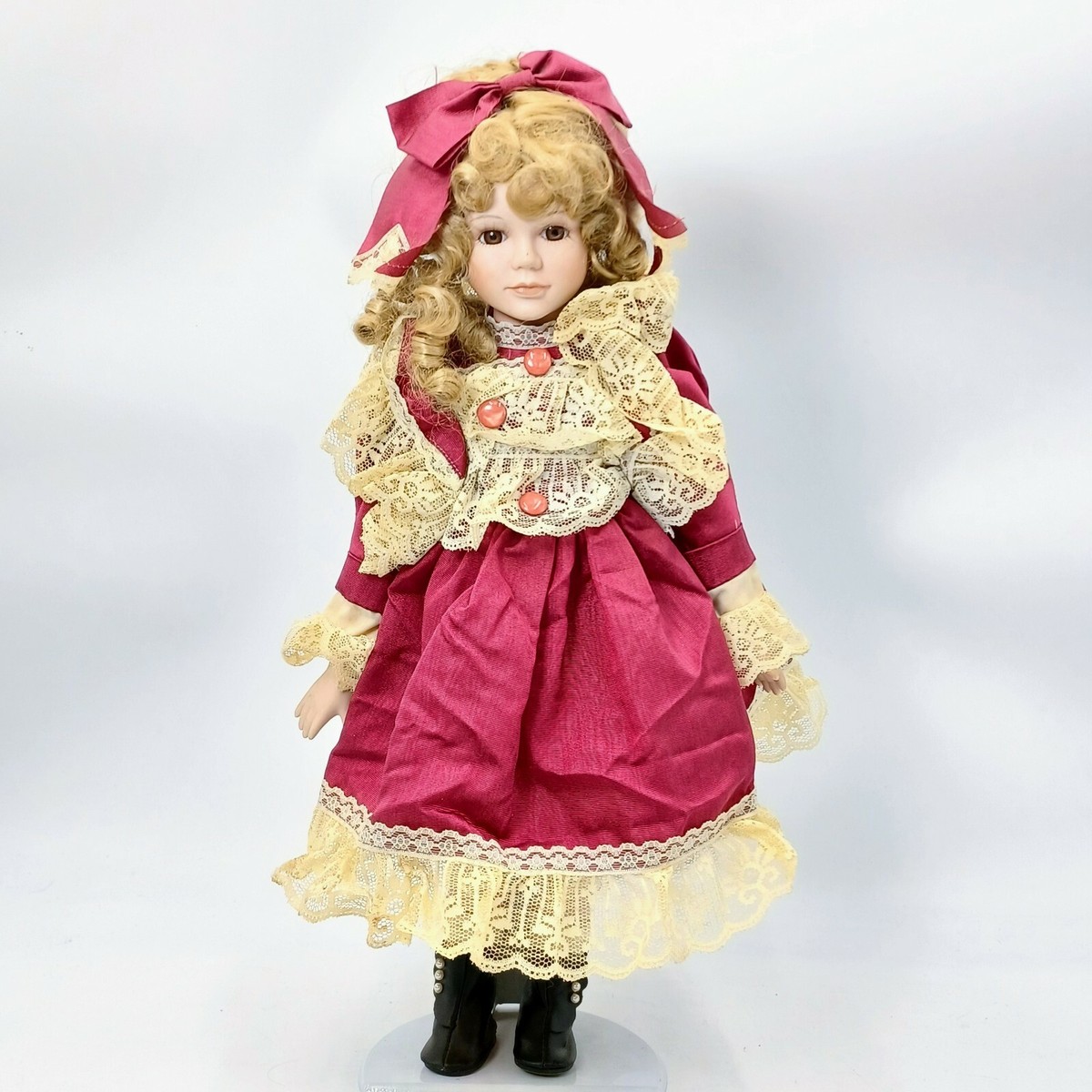 YLM 1992 Vintage Porcelain Doll Red Embroideres dress and Curly