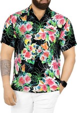 Image of HAPPY BAY Men's Hawaiian Short Sleeve Button Down Shirts S Garland Lei, Black