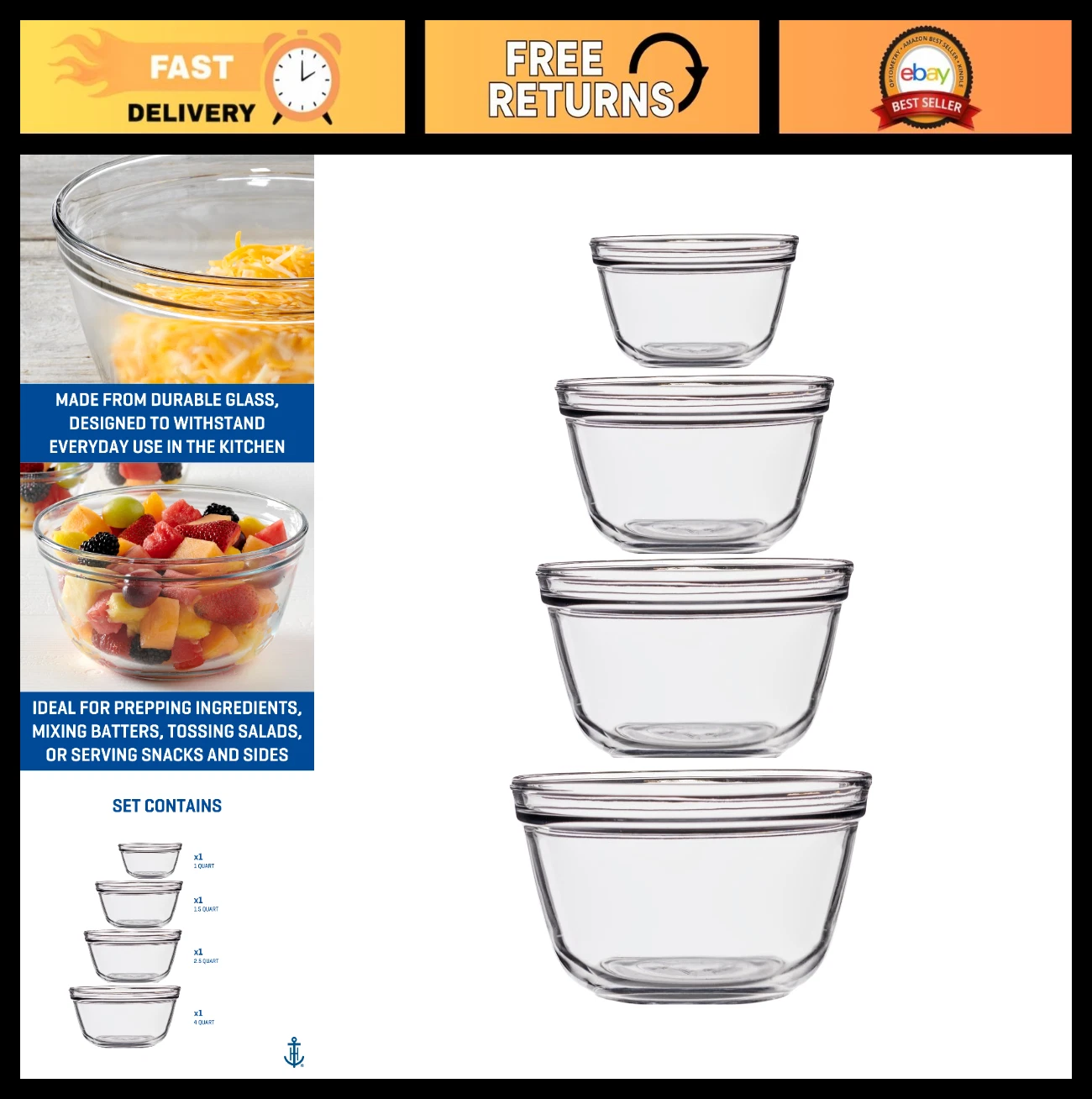 4-Piece Glass Mixing Bowls Set - Durable, Microwave & Oven Safe, Perfect for Pre
