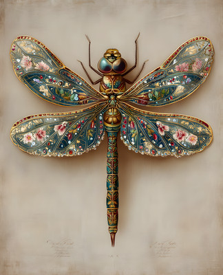 Teal Floral Jeweled Dragonfly Displayed on Cream Background Print - 455372600