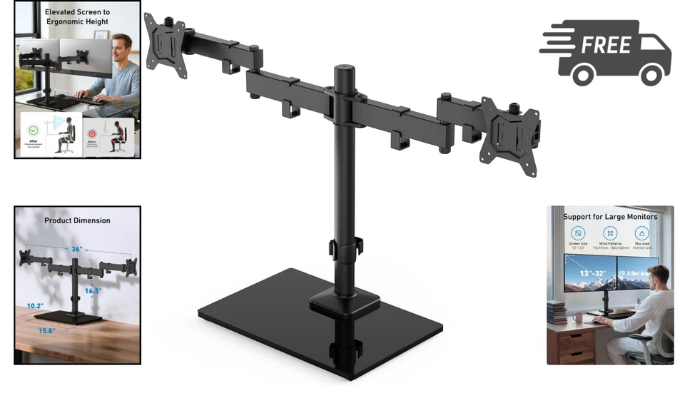 Dual Monitor Stand Holder for 13-32 Inch Screens with Tilt Swivel Rotation - Image 2 of 4