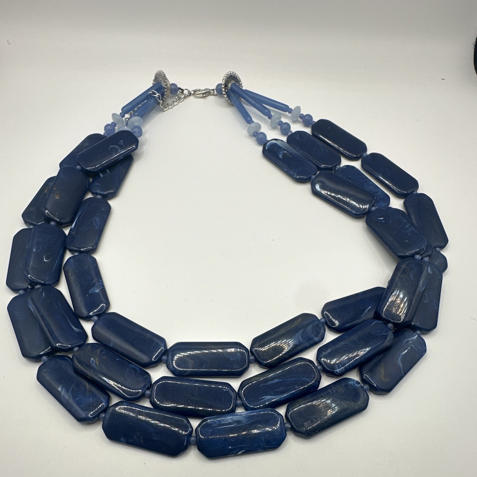 Blue Multi-Strand Plastic Beaded Statement Necklace Adjustable Lobster Clasp