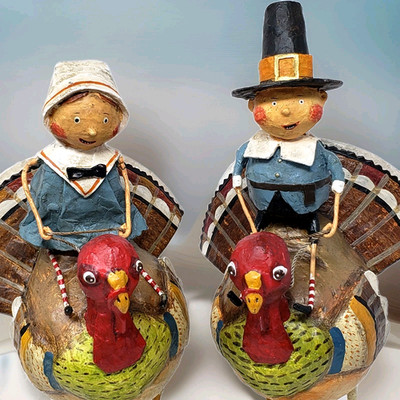 Lori Mitchell Tom And Goodie On Turkey Gobblers Figurine Set Of 2 Folk Art