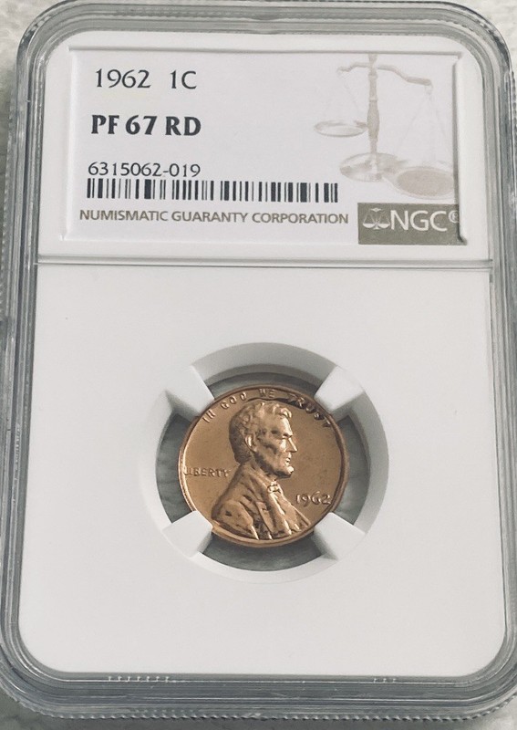 1962 P NGC LINCOLN CENT PF67 RD ERROR COIN - (L & IN) LETTERS RIM EDGE OF COIN.