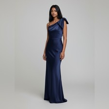 Navy Elegant One-Shoulder Bow Gown Small Long Length Formal Dress