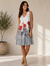 Poppy Print Dress Large Tango Mango Flowers White Sundress Midi Romantic Whimsy
