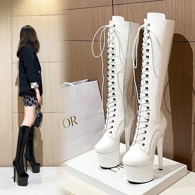 Tacones de aguja de 17 cm para mujer plataforma con cordones botas hasta la rodilla baile en poste club nocturno Foto 3 de 4