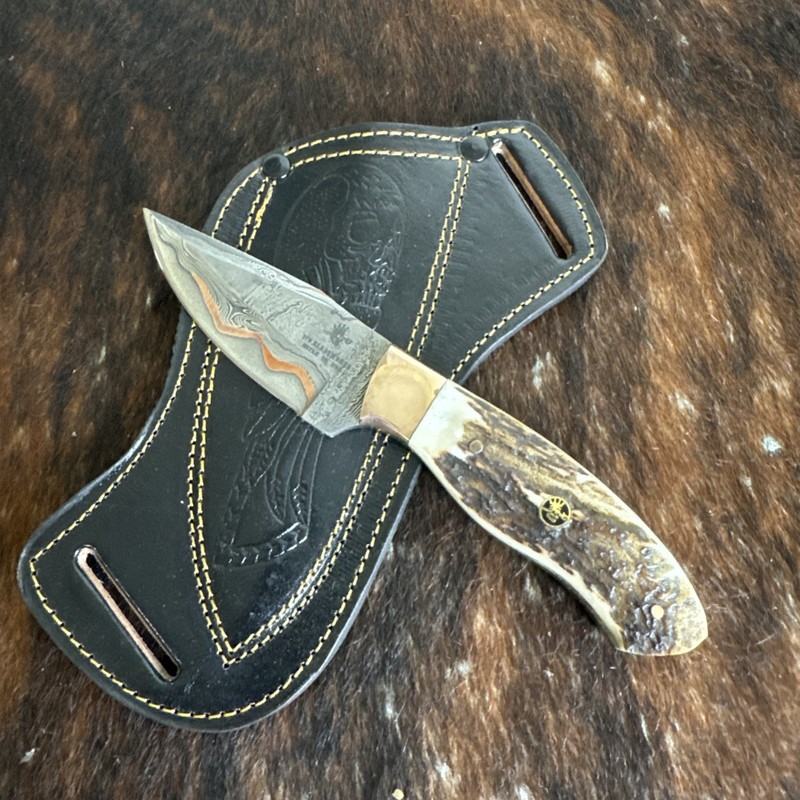 970 Blade Works Hand Made Hand copper Damascus Fixed Blade With Sheath