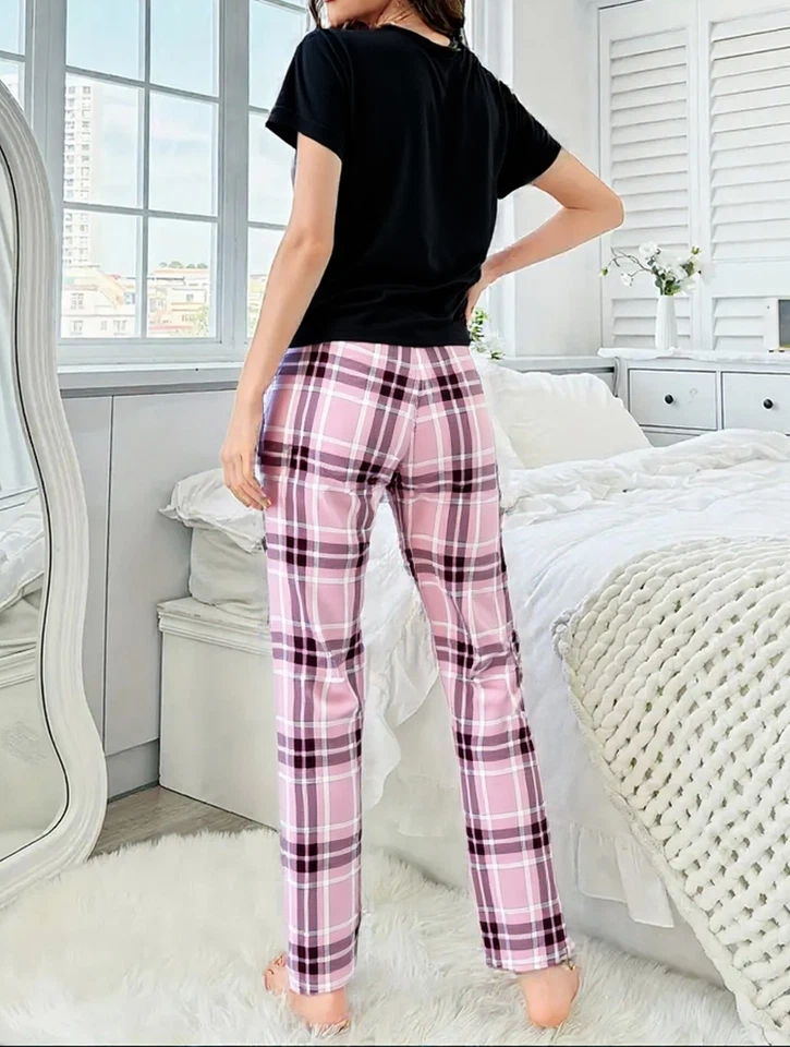 Conjunto de pijama para damas estampado a cuadros cuello redondo botones ropa de dormir conjunto de salón S a XXL Foto 4 de 4