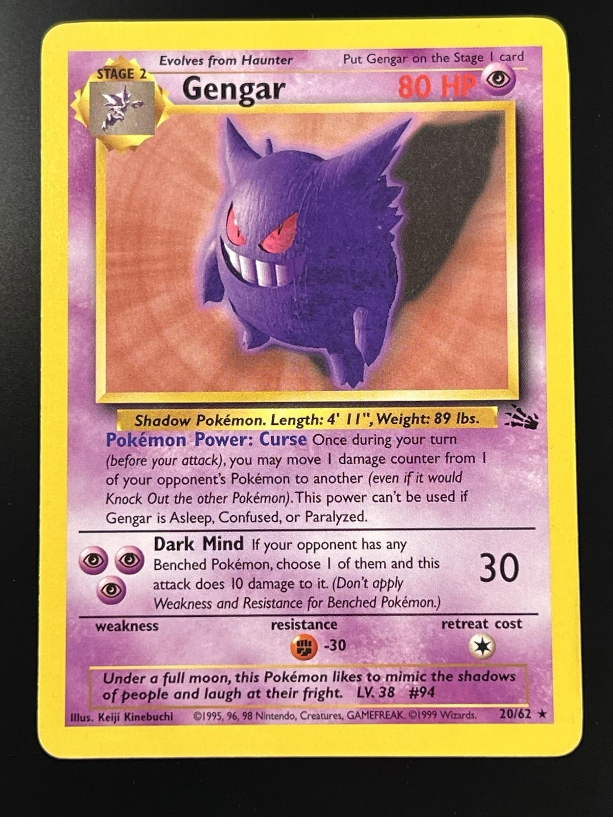 Gengar 20/62 Fossil Rare Non Holo WOTC 1999 Pokemon Card Vintage