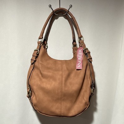 Merona Brown Shoulder Bag Purse, Zip Closure Lined Inner Pockets Gold Hardware