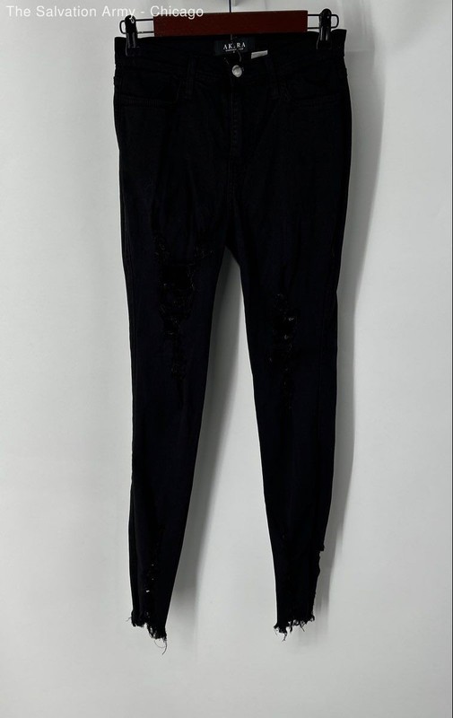 Akira Womens Black Dark Wash Slash Pockets Raw Hem Skinny Leg Jeans Size 7 (W27)