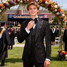Luxurious Men Beaded Suit Jacquard Jacket Formal Single Breasted Party Wedding