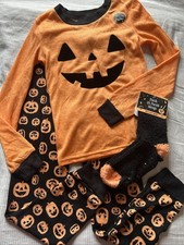 Trick or Treat Sleep Black Orange Jack-o-Lantern Halloween Pajama Set Child Sz 8
