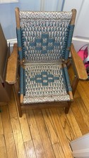 Patterned Blue Folding Wooden Chair with Arms, Fully Assembled, Medium Wood