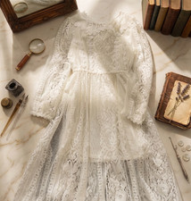 Girl Vintage white Long Lace Fairy Dress for Girls Extra Long  skirt 2-4Y
