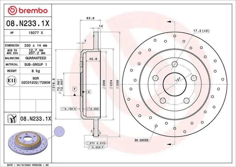 BREMBO 08.N233.1X Disco freno forato, rivestito - Immagine 2