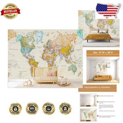 Large World Map Wallpaper Mural for Kids Room - Vivid Colors, Easy Install