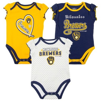 MLB Milwaukee Brewers Baby Girls' Little Fan Three-Pack Bodysuit Set, 3-6 Months