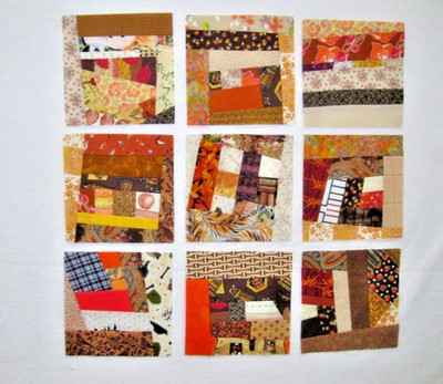 9 Crazy, crumb, pieced quilt blocks,  mostly earth colors,     8 1/2  inches,