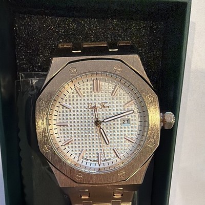 Lucky Fours Octagon Gold Tone Quartz Date Watch Silver Tapisserie Dial w/ Box