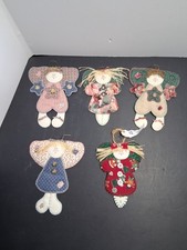 Lot of 5 Vintage Handmade Angel Ornaments Fabric Country Folk Art Primitive