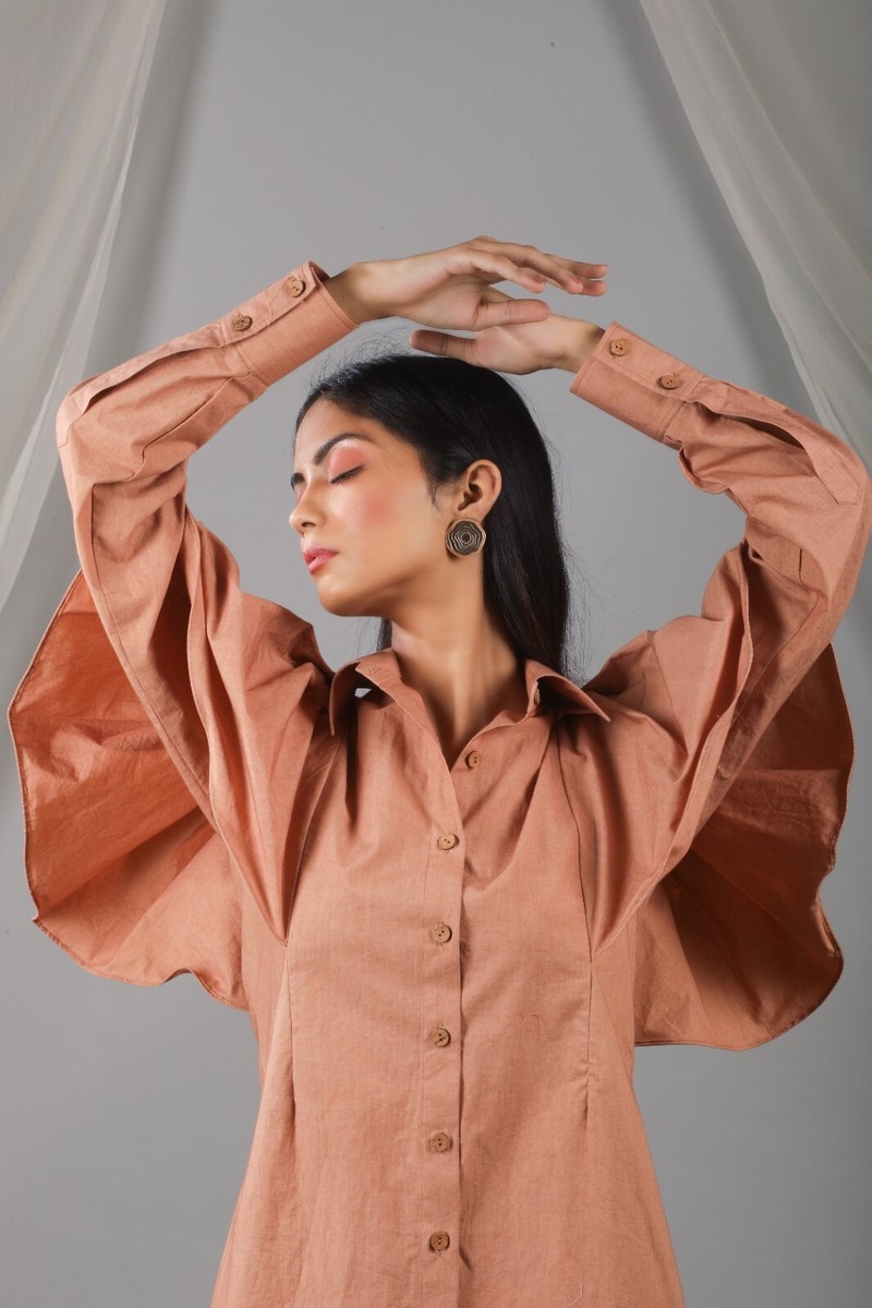 rust colored shirt dress ROASTED ALMOND SHOULDER RUFFLE SHIRT DRESS