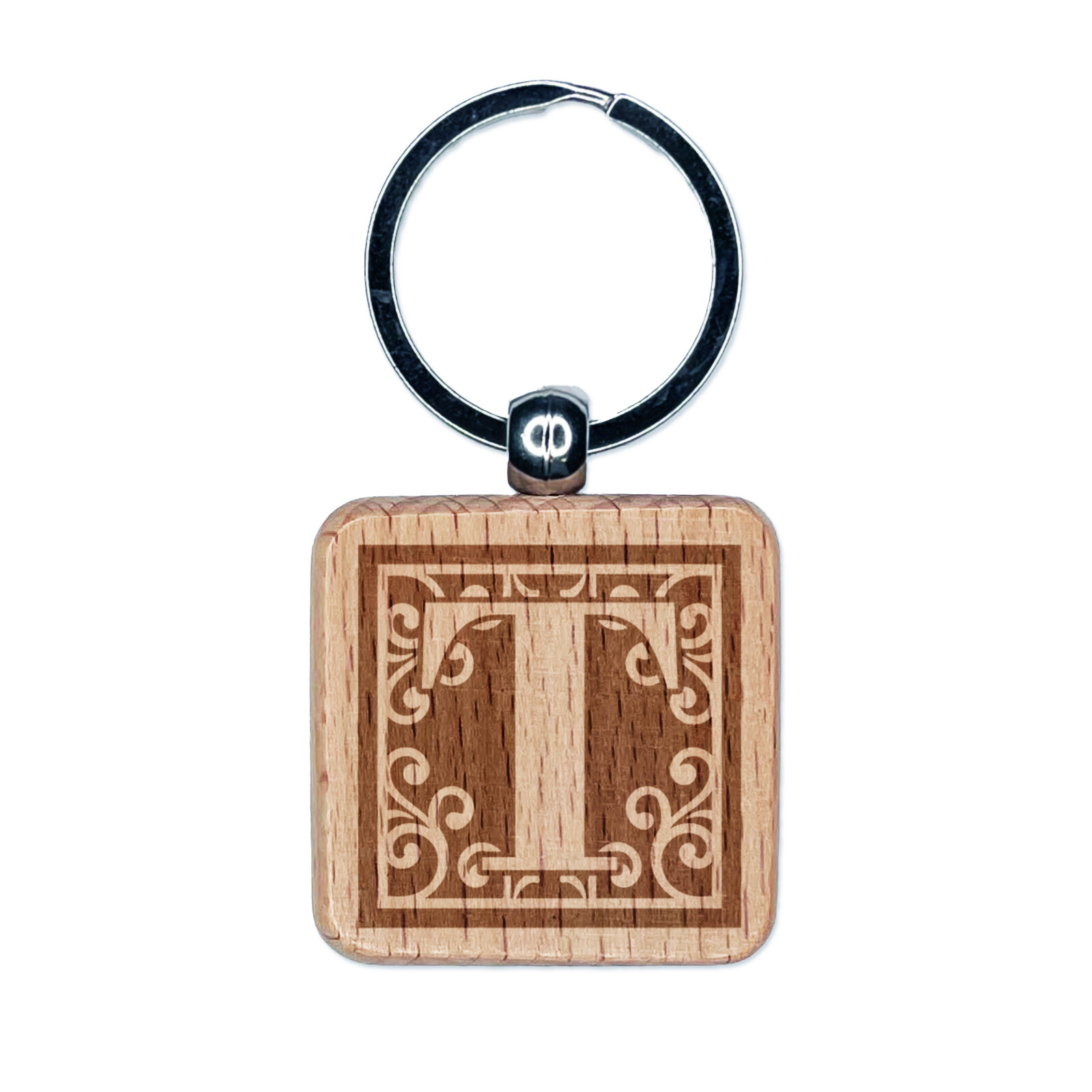 Monogram Swirls Capital Letter T Engraved Wood Square Keychain Tag Charm