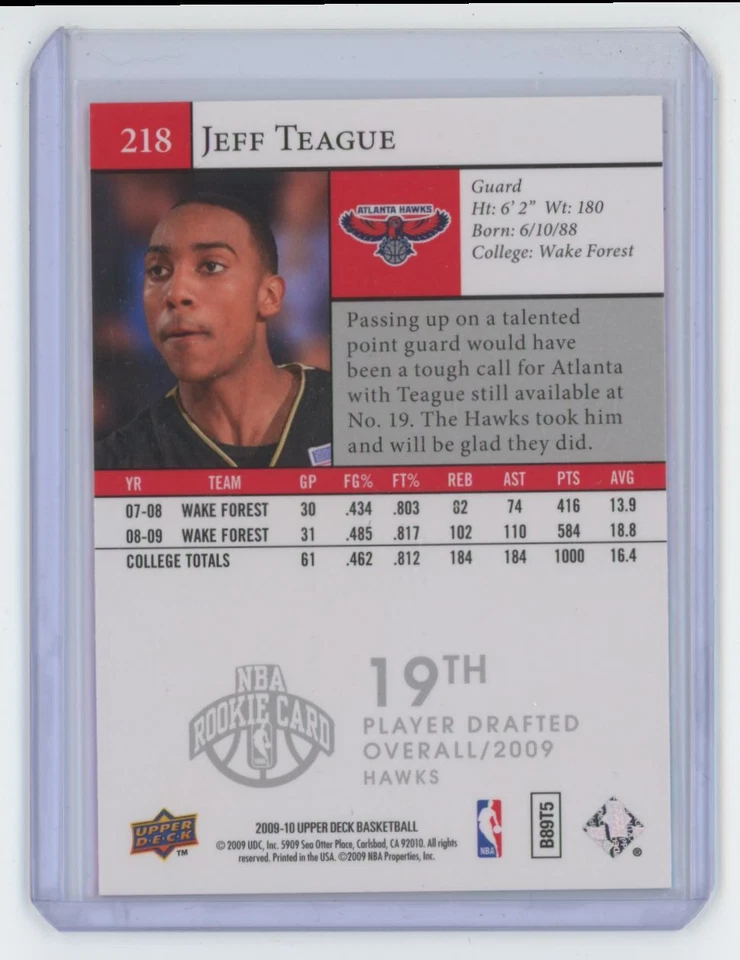 2009-10 Upper Deck Star 新秀 Jeff Teague 篮球卡亚特兰大老鹰队 #218 — 第 2/2 张图片