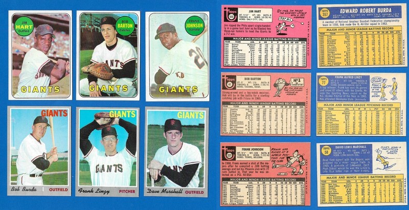 1969-70 Topps San Francisco Giants 6 card lot, all diff. players, Jim Ray Hart