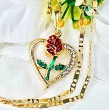 14k Gold Plated Rose in Heart Shape Pendant Necklace W/chain 20in Cubic Zirconia