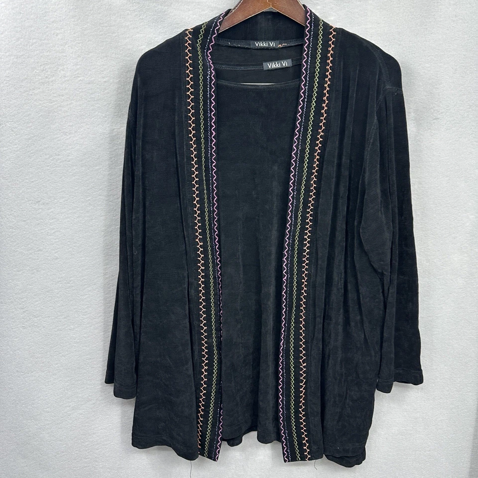 Conjunto Top Kimono Vikki Vi Mujer Plus 2XL Negro Slinky Tejido Bordado Boho Foto 2 de 4