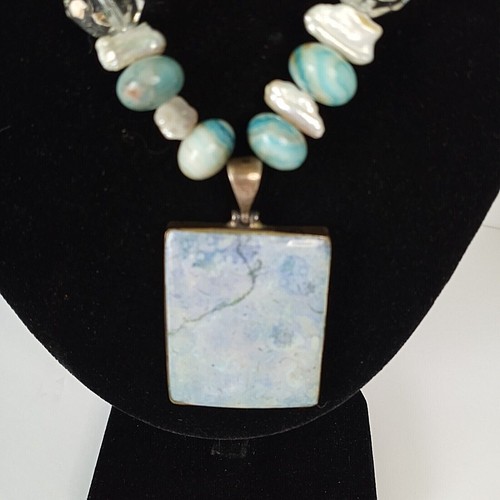 Turquoise & Shell Silver Necklace 925 Beaded Natural Stone Women's Jewelry - Picture 3 of 5