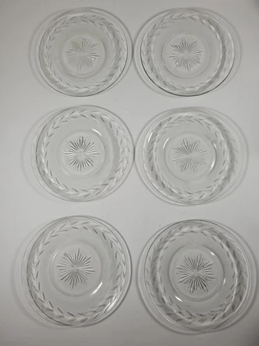 Vintage Anchor Hocking Laurel (Gray Cut) Set of 6 Dessert Glass Plates 6" Dia.
