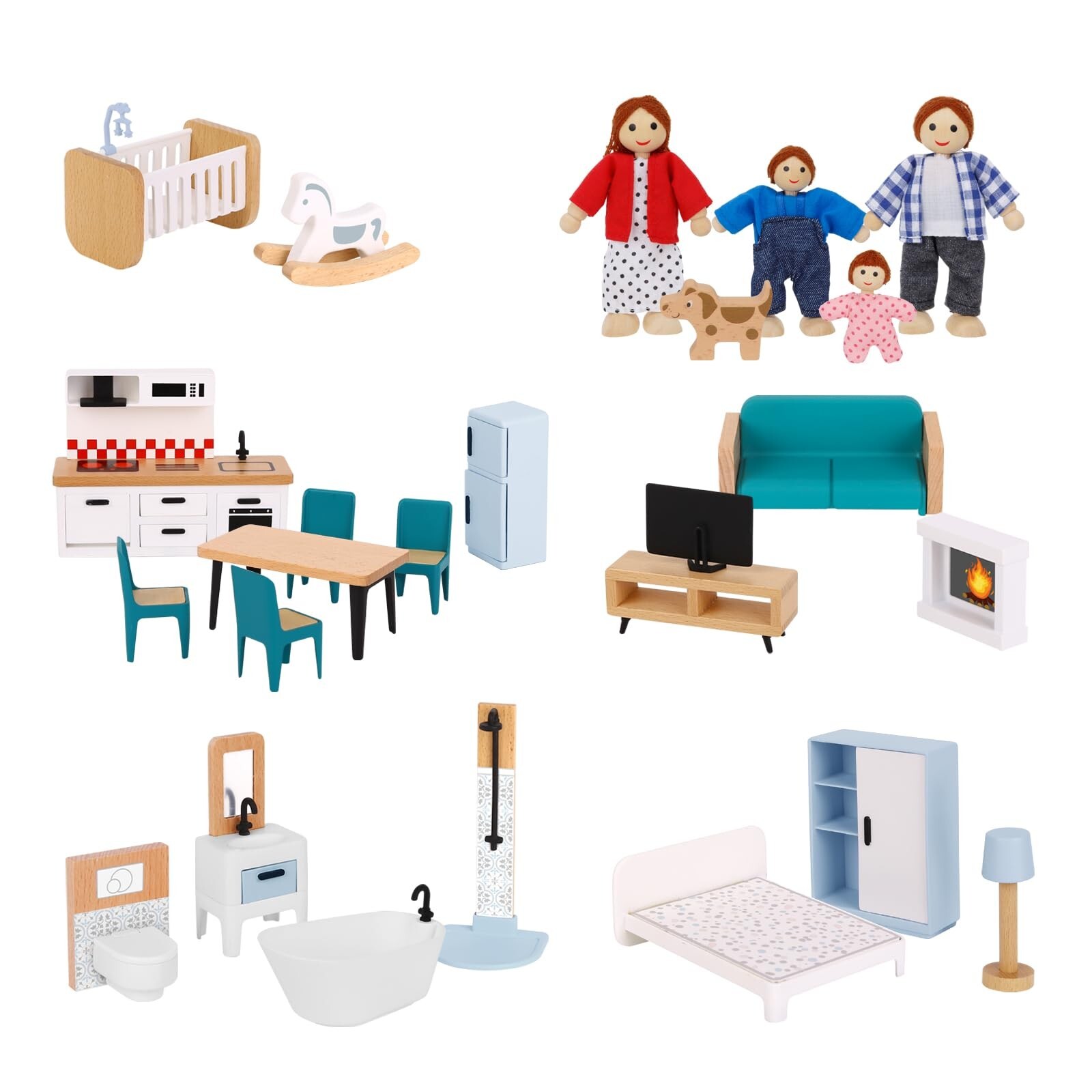 Wooden Dollhouse Furniture Set for Kids, 26 Pcs Dollhouse Accessories with 4 ...
